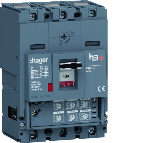 MCCB Wyłącznik mocy h3+ P160 3P 40A 70kA LSI HES040JC Hager