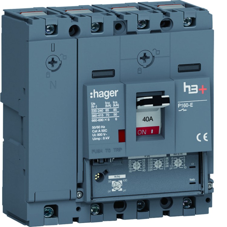 MCCB Wyłącznik mocy h3+ P160 4P 40A 70kA LSnI HES041GC Hager