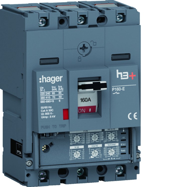 MCCB Wyłącznik mocy h3+ P160 3P 160A 70kA LSI HES160JC Hager