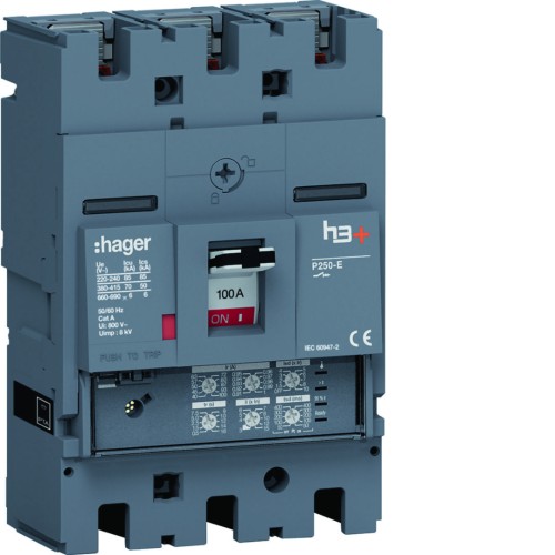 MCCB Wyłącznik mocy h3+ P250 3P 100A 70kA LSI HET100JR Hager