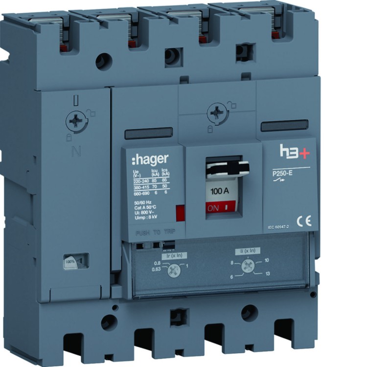 MCCB Wyłącznik mocy h3+ P250 4P 100A 70kA TM HET101DR Hager