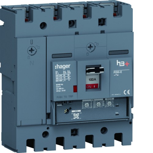 MCCB Wyłącznik mocy h3+ P250 4P 100A 70kA LSnI HET101GR Hager