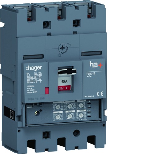 MCCB Wyłącznik mocy h3+ P250 3P 160A 70kA LSI HET160JR Hager