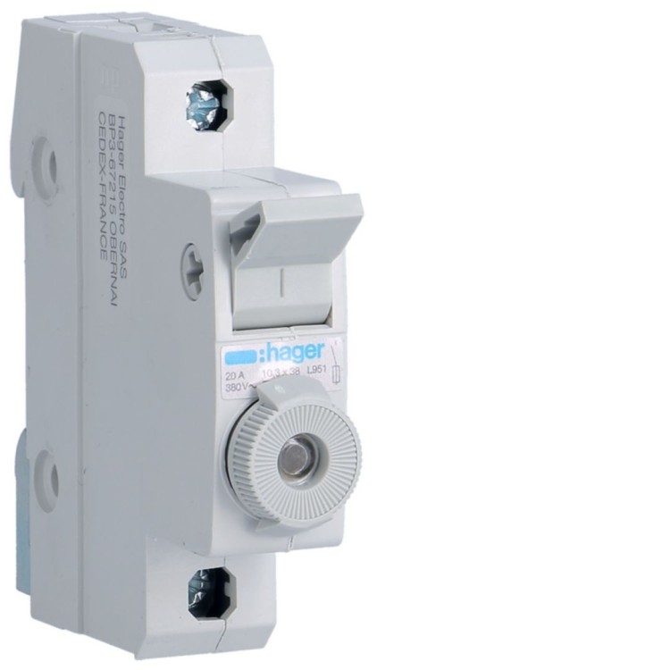 Modułowy rozłącznik bezpiecznikowy 1P wkł.bezp.cyl.L38 10x38mm 20A 400VAC L95100 Hager