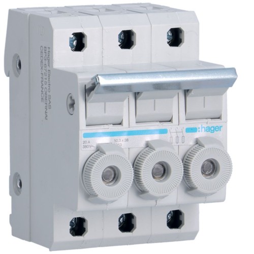 Modułowy rozłącznik bezpiecznikowy 3P wkł.bezp.cyl.L38 10x38mm 20A 400VAC L95300 Hager