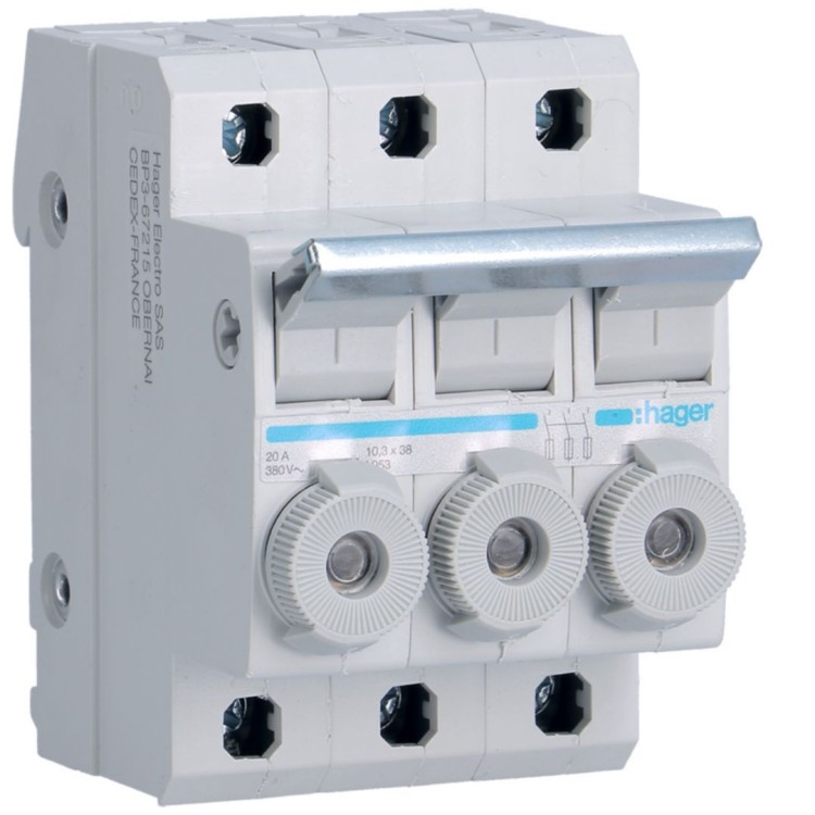 Modułowy rozłącznik bezpiecznikowy 3P wkł.bezp.cyl.L38 10x38mm 20A 400VAC L95300 Hager