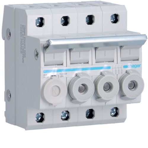 Modułowy rozłącznik bezpiecznikowy 3P+N wkł.bezp.cyl.L38 10x38mm 20A 400VAC L95400 Hager