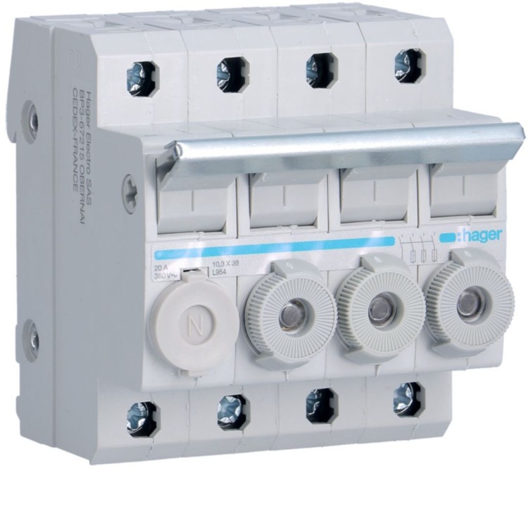 Modułowy rozłącznik bezpiecznikowy 3P+N wkł.bezp.cyl.L38 10x38mm 20A 400VAC L95400 Hager