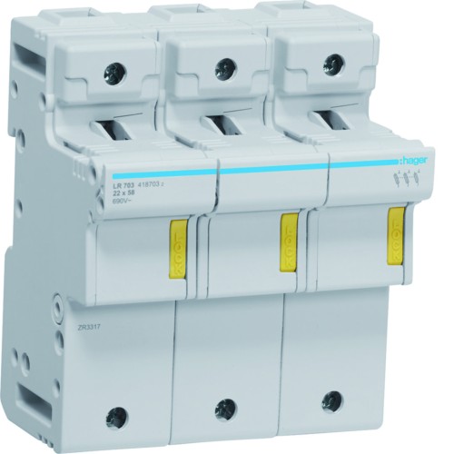 Modułowa podstawa bezpiecznikowa 3P wkł.bezp.cyl.L58 22x58mm 125A 690VAC LR703 Hager