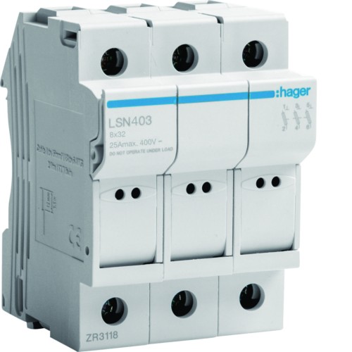 Modułowa podstawa bezpiecznikowa 3P wkł.bezp.cyl.L32 8X32mm, 25A 400VAC LSN403 Hager