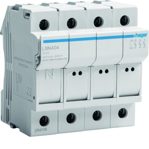 Modułowa podstawa bezpiecznikowa 3P+N wkł.bezp.cyl.L32 8X32mm, 25A 400VAC LSN404 Hager