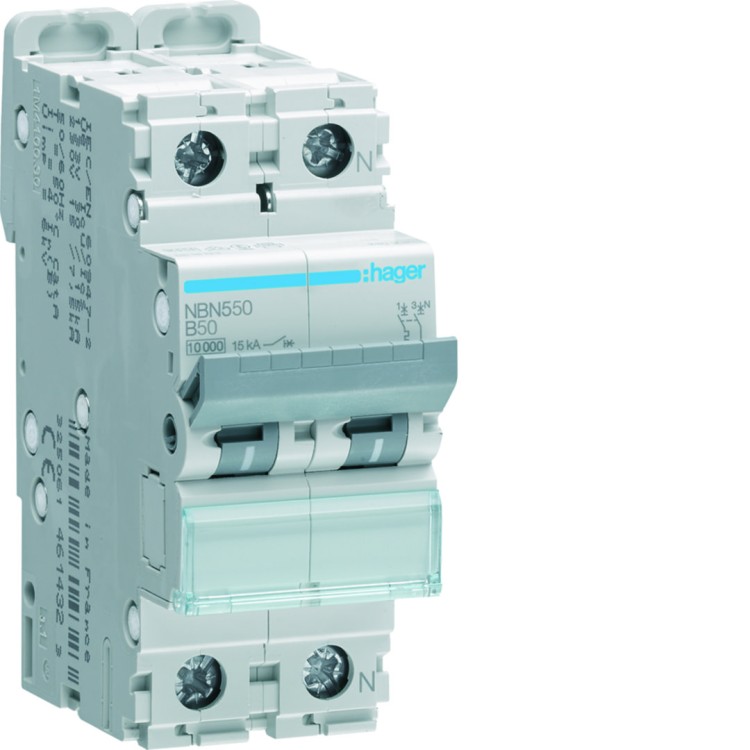 MCB Wyłącznik nadprądowy Icn=10000A / Icu=15kA 1P+N B 50A NBN550 Hager