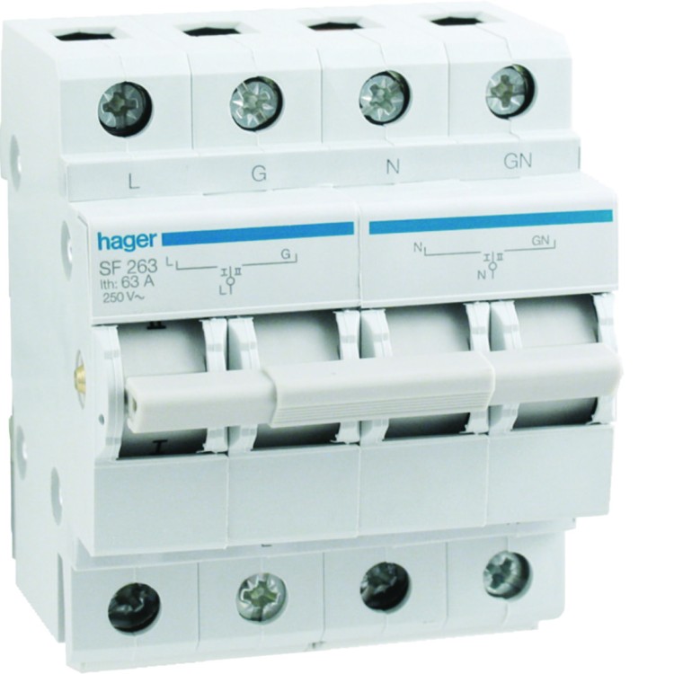 Modułowy przełącznik zasilania 1P+N I-0-II 63A 230VAC SF263 Hager