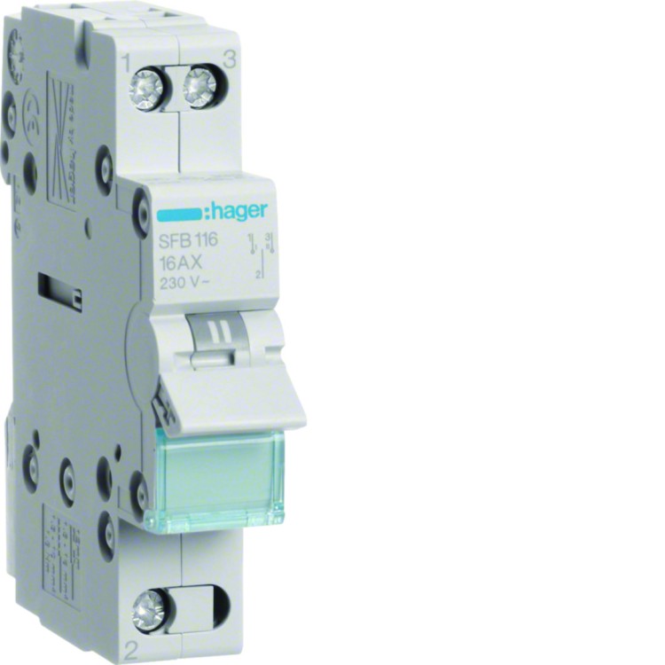 Modułowy przełącznik instalacyjny I-0-II punkt wspólny od dołu 1P 16A 230VAC SFB116 Hager