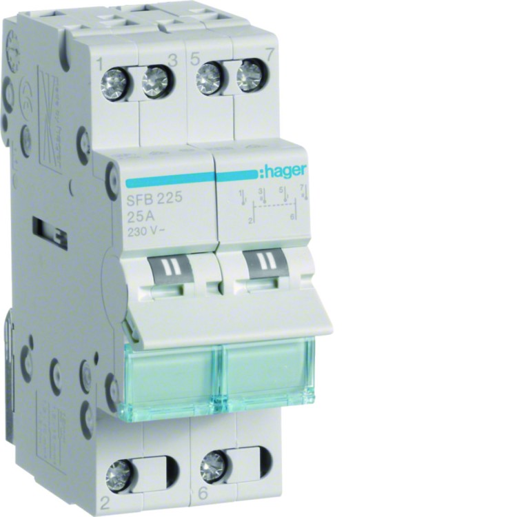 Modułowy przełącznik instalacyjny I-0-II punkt wspólny od dołu 2P 25A 230VAC SFB225 Hager