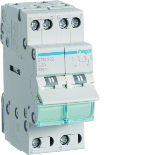 Modułowy przełącznik instalacyjny I-0-II punkt wspólny od dołu 2P 32A 230VAC SFB232 Hager