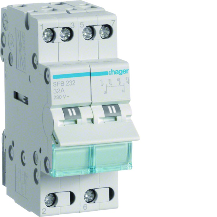 Modułowy przełącznik instalacyjny I-0-II punkt wspólny od dołu 2P 32A 230VAC SFB232 Hager
