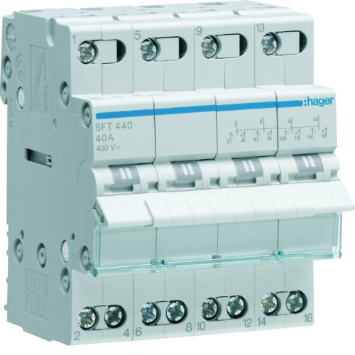 Modułowy przełącznik instalacyjny I-0-II punkt wspólny od góry 4P 40A 400VAC SFT440 Hager