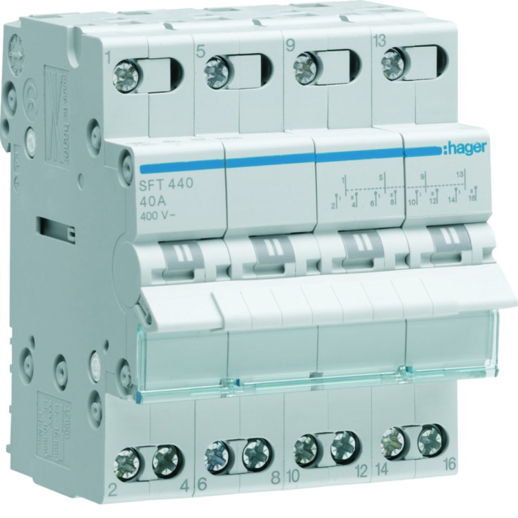 Modułowy przełącznik instalacyjny I-0-II punkt wspólny od góry 4P 40A 400VAC SFT440 Hager