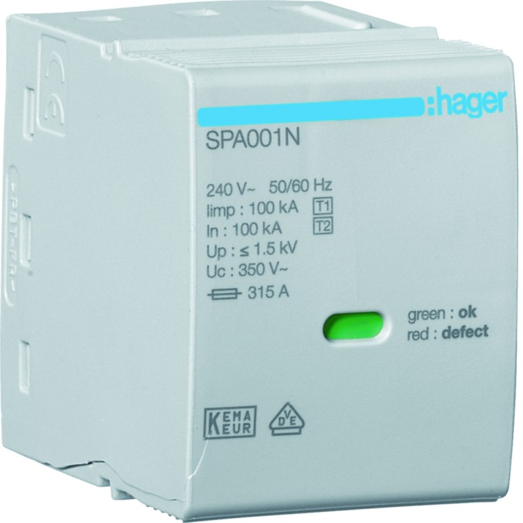 SPD Moduł T1 1P sieć TT(N-PE) Iimp=100kA In=100kA Up≤1,5kV SPA001N Hager