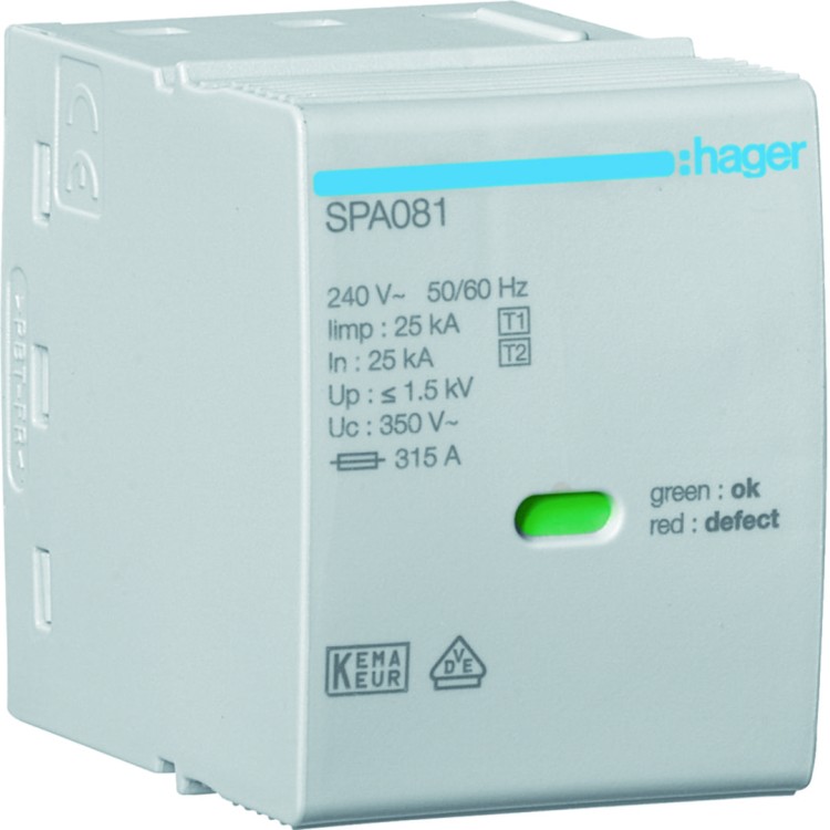 SPD Moduł T1 1P sieć TN-S/TN-C/TT(L-N) Iimp=25kA Up≤1,5kV In=25kA do SPA80x SPA081 Hager