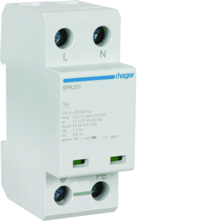 SPD Ogranicznik przepięć T1 kombinowany 2P TN-S/TT Iimp=25kA Up≤1,5kV SPA201 Hager