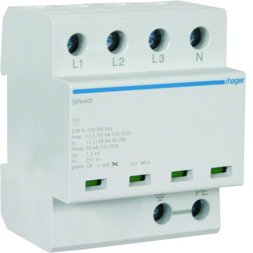 SPD Ogranicznik przepięć T1+T2 kombinowany 4P TN-S/TT Iimp 50kA Up≤1,5kV SPA401 Hager