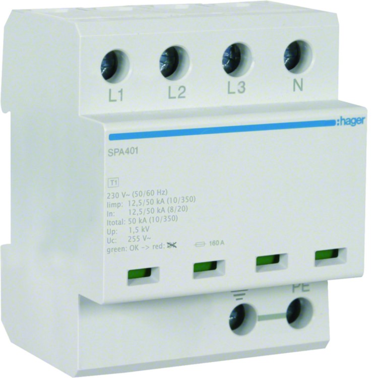 SPD Ogranicznik przepięć T1+T2 kombinowany 4P TN-S/TT Iimp 50kA Up≤1,5kV SPA401 Hager