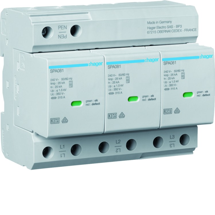 SPD T1+T2 3P sieć TN-C Iimp=75kA Up≤1,5kV styk  SPA800 Hager