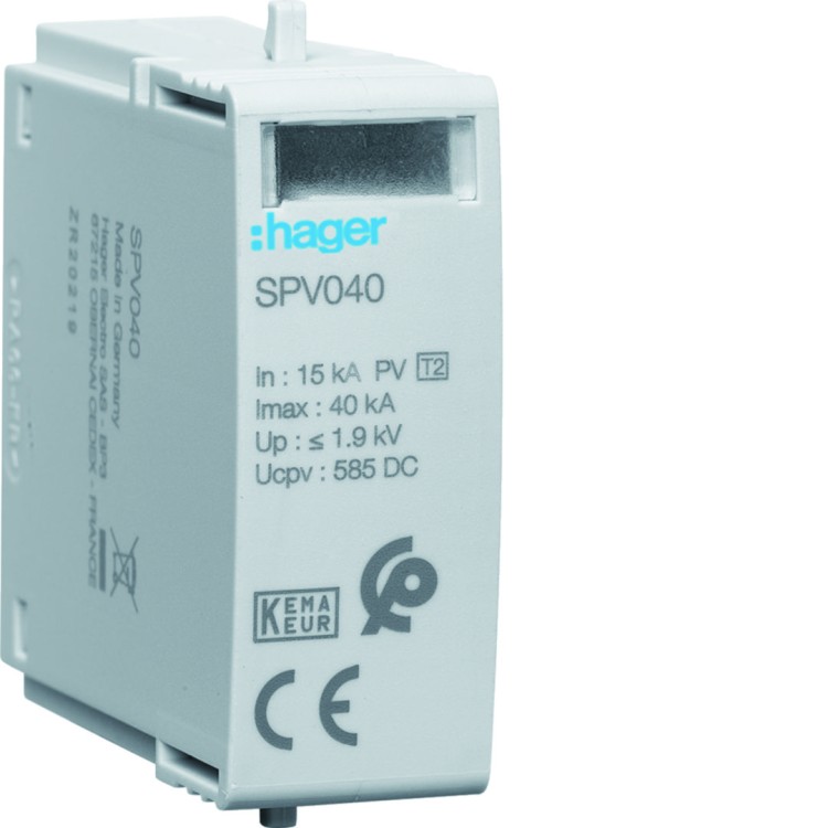 SPD Moduł T2 MOV 1P PV In=15kA Imax=40kA Up≤1,9kV Uc=585VDC SPV040 Hager