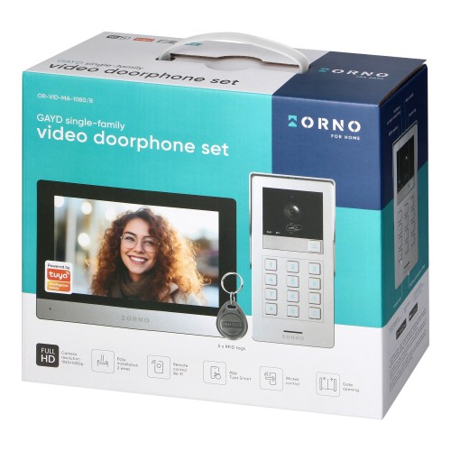 GAYD, zestaw wideodomofonowy, bezsłuchawkowy, monitor dotykowy 8" LCD, Wi-Fi  + APP na telefon, z gniazdem na kartę pamięci, z kamerą Full HD 2MP, z czytnikiem kart i breloków zbliżeniowych 125kHz, szyfrator OR-VID-MA-1080/B ORNO Home