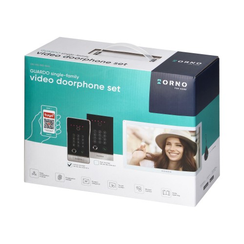 GUARDO zestaw wideodomofonowy jednorodzinny 4-żyłowy LCD 10" dotykowy z gniazdem na kartę pamięci interkom kaseta natynkowa z kamerą Full HD szyfratorem czytnikiem RFID 125kHz oraz czytnikiem linii papilarnych WiFi Tuya OR-VID-MO-1076/W/S ORNO Home