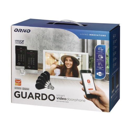 GUARDO zestaw wideodomofonowy jednorodzinny 4-żyłowy LCD 10" dotykowy z gniazdem na kartę pamięci interkom kaseta podtynkowa z kamerą Full HD szyfratorem czytnikiem RFID 125kHz oraz czytnikiem linii papilarnych WiFi Tuya OR-VID-MO-1076/W/F ORNO Home
