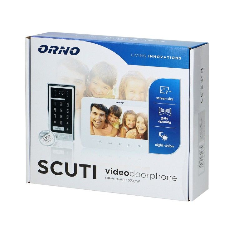 SCUTI, zestaw wideodomofonowy, jednorodzinny, 5-żyłowy, kolor, LCD 7", interkom, kaseta wideo natynkowa z szyfratorem, biały OR-VID-VP-1073/W ORNO Home