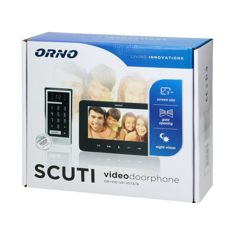 SCUTI, zestaw wideodomofonowy, jednorodzinny, 5-żyłowy, kolor, LCD 7", interkom, kaseta wideo natynkowa z szyfratorem, czarny OR-VID-VP-1073/B ORNO Home