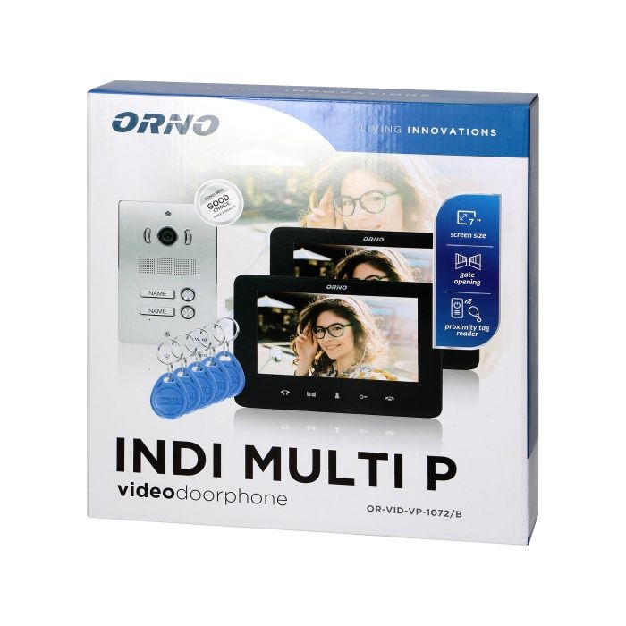 INDI MULTI P, zestaw wideodomofonowy 2-rodzinny 5-żyłowy, kolor, LCD 7", interkom, kaseta wideo podtynkowa z czytnikiem RFID 125kHz, czarny OR-VID-VP-1072/B ORNO Home