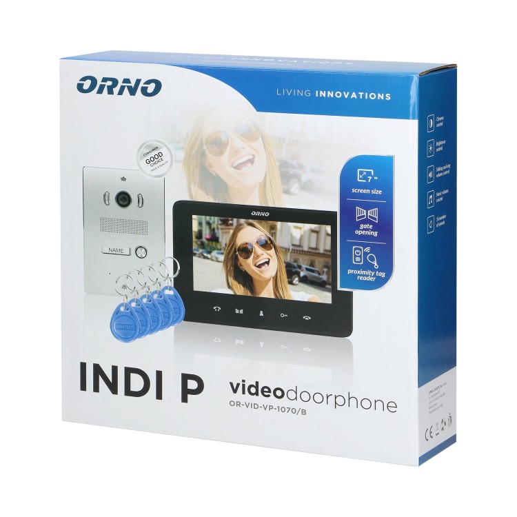 INDI P, zestaw wideodomofonowy jednorodzinny, 5-żyłowy, kolor, LCD 7", interkom, kaseta wideo podtynkowa z czytnikiem RFID 125kHz, czarny OR-VID-VP-1070/B ORNO Home