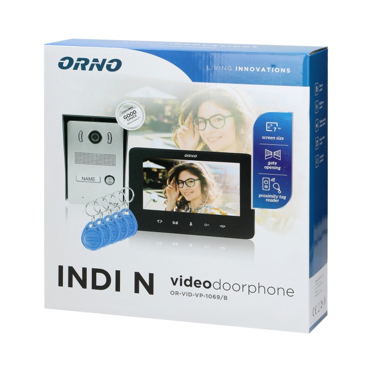 INDI N, zestaw wideodomofonowy jednorodzinny, 5-żyłowy, kolor, LCD 7", interkom, kaseta wideo natynkowa z czytnikiem RFID 125kHz, czarny OR-VID-VP-1069/B ORNO Home