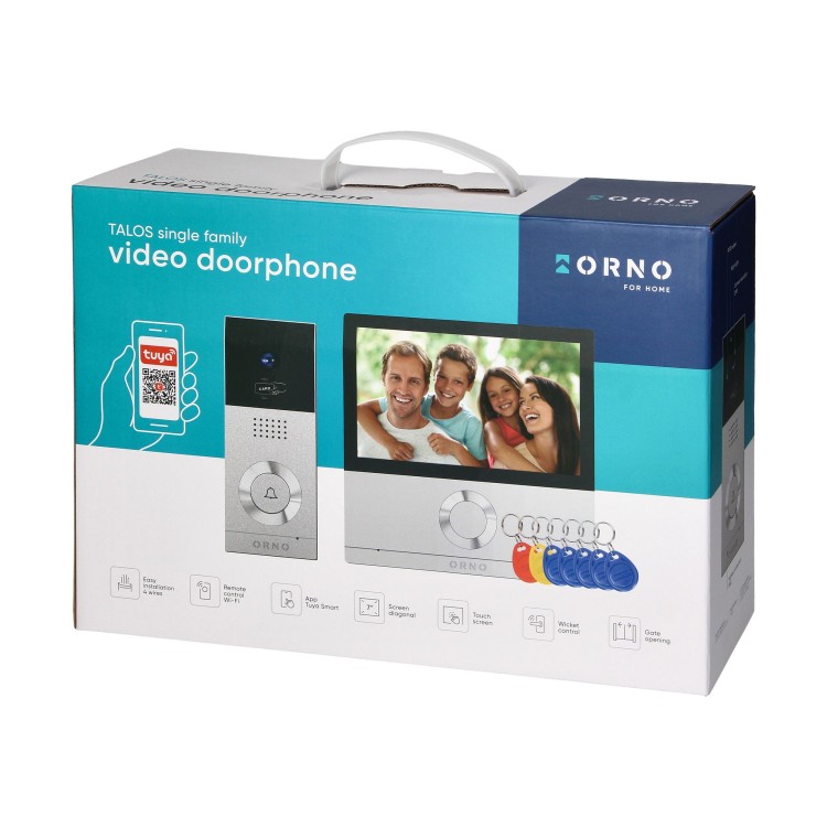 TALOS, zestaw wideodomofonowy jednorodzinny, 4-żyłowy, LCD 7", dotykowy, z gniazdem na kartę pamięci, interkom, z kamerą Full HD, czytnikiem RFID 125kHz, WiFi i obsługa poprzez aplikację Tuya OR-VID-MS-1078 ORNO Home