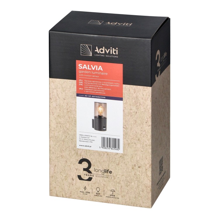 SALVIA oprawa ogrodowa z czujnikiem PIR, E27, max. 15W, IP54, szara AD-OP-6573GE27PPR ADVITI Kinkiet