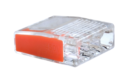 Łącznik bezśrubowy, przeźroczysty/pomarańczowy 3×0,5-2,5mm2, 450VAC, max. 16A RVO2,5-3 Tracon Electric