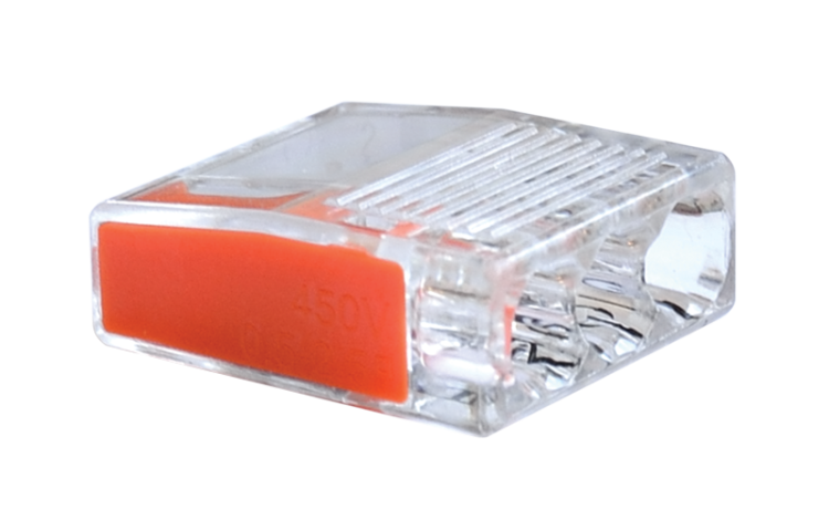 Łącznik bezśrubowy, przeźroczysty/pomarańczowy 3×0,5-2,5mm2, 450VAC, max. 16A RVO2,5-3 Tracon Electric