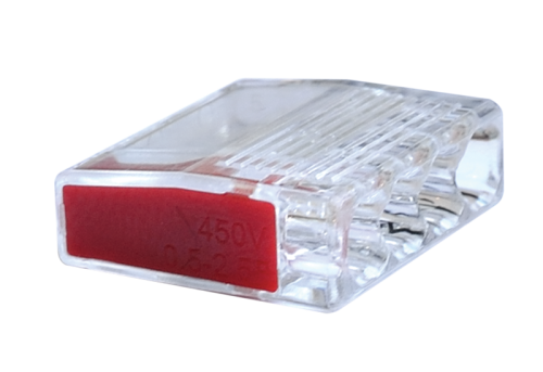 Łącznik bezśrubowy, przeźroczysty/czerwony 4×0,5-2,5mm2, 450VAC, max. 16A RVO2,5-4 Tracon Electric