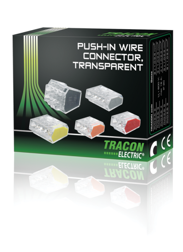 Łącznik bezśrubowy, przeźroczysty/żółty 5×0,5-2,5mm2, 450VAC, max. 16A RVO2,5-5 Tracon Electric