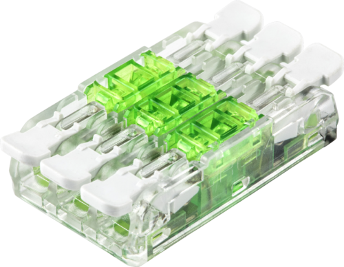 Łącznik bezśrubowy otwierany, przeźroczysty 0,5-4(2,5)mm2, 32A, 400VAC 3P RVOGTT33 Tracon Electric