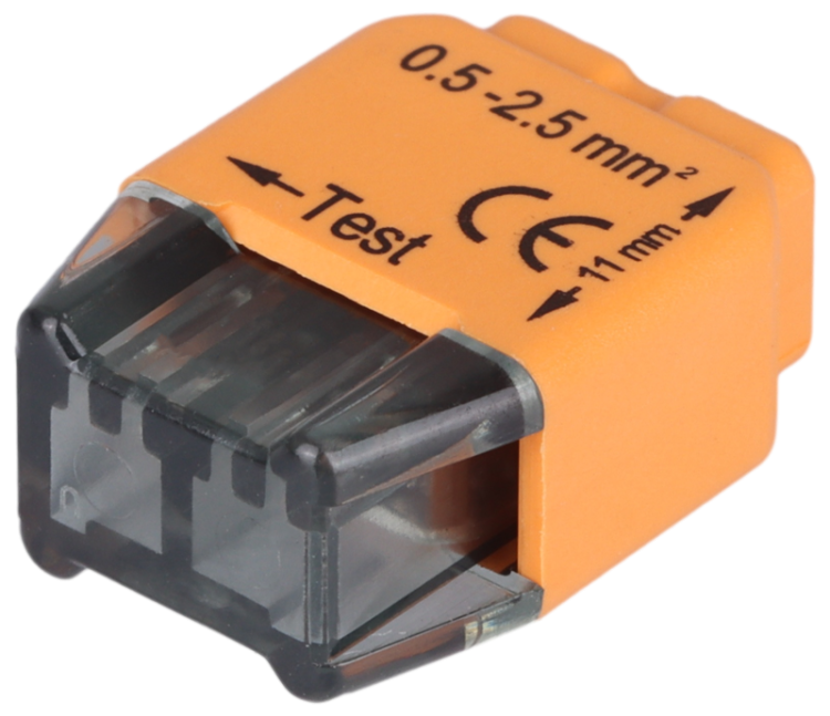 Łącznik bezśrubowy, wtykany, pomarańczowy 2x0,5-2,5mm2, 450VAC, max. 16A RVU2,5-2 Tracon Electric