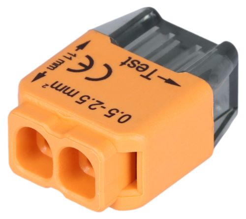 Łącznik bezśrubowy, wtykany, pomarańczowy 2x0,5-2,5mm2, 450VAC, max. 16A RVU2,5-2 Tracon Electric