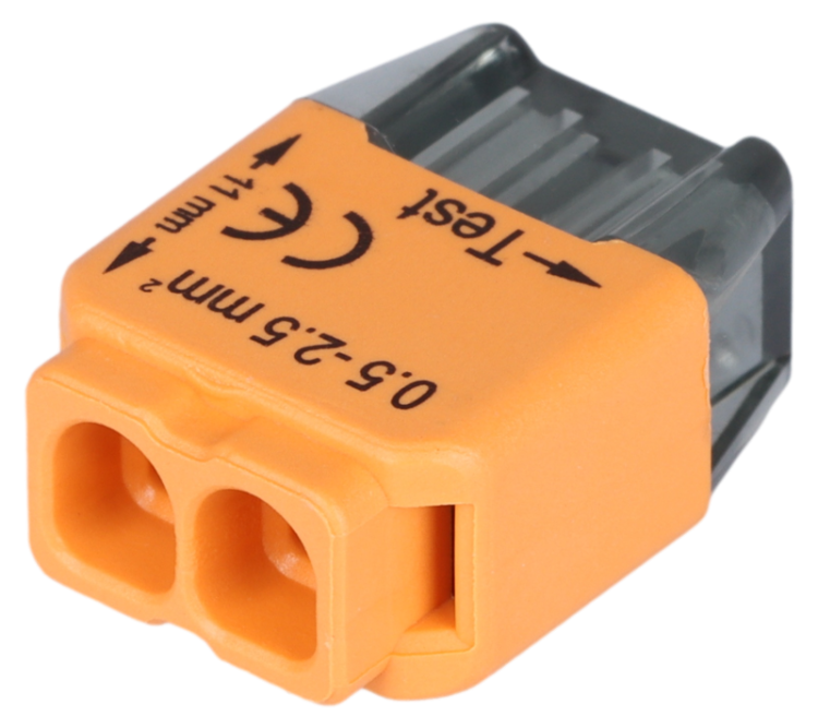 Łącznik bezśrubowy, wtykany, pomarańczowy 2x0,5-2,5mm2, 450VAC, max. 16A RVU2,5-2 Tracon Electric