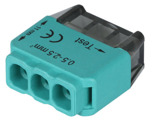 Łącznik bezśrubowy, wtykany, zielony 3x0,5-2,5mm2, 450VAC, max. 16A RVU2,5-3 Tracon Electric