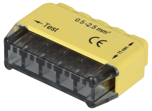 Łącznik bezśrubowy, wtykany, żółty 5x0,5-2,5mm2, 450VAC, max. 16A RVU2,5-5 Tracon Electric